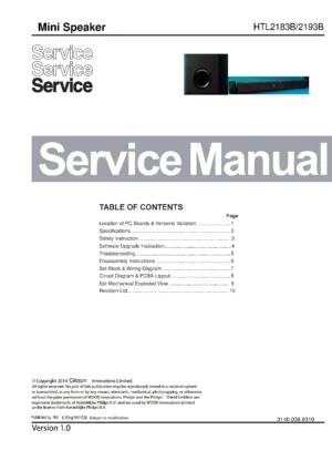 Philips htl2193b service manual cover with picture of the device, model type and number, table of contents, manual version and publication year.
