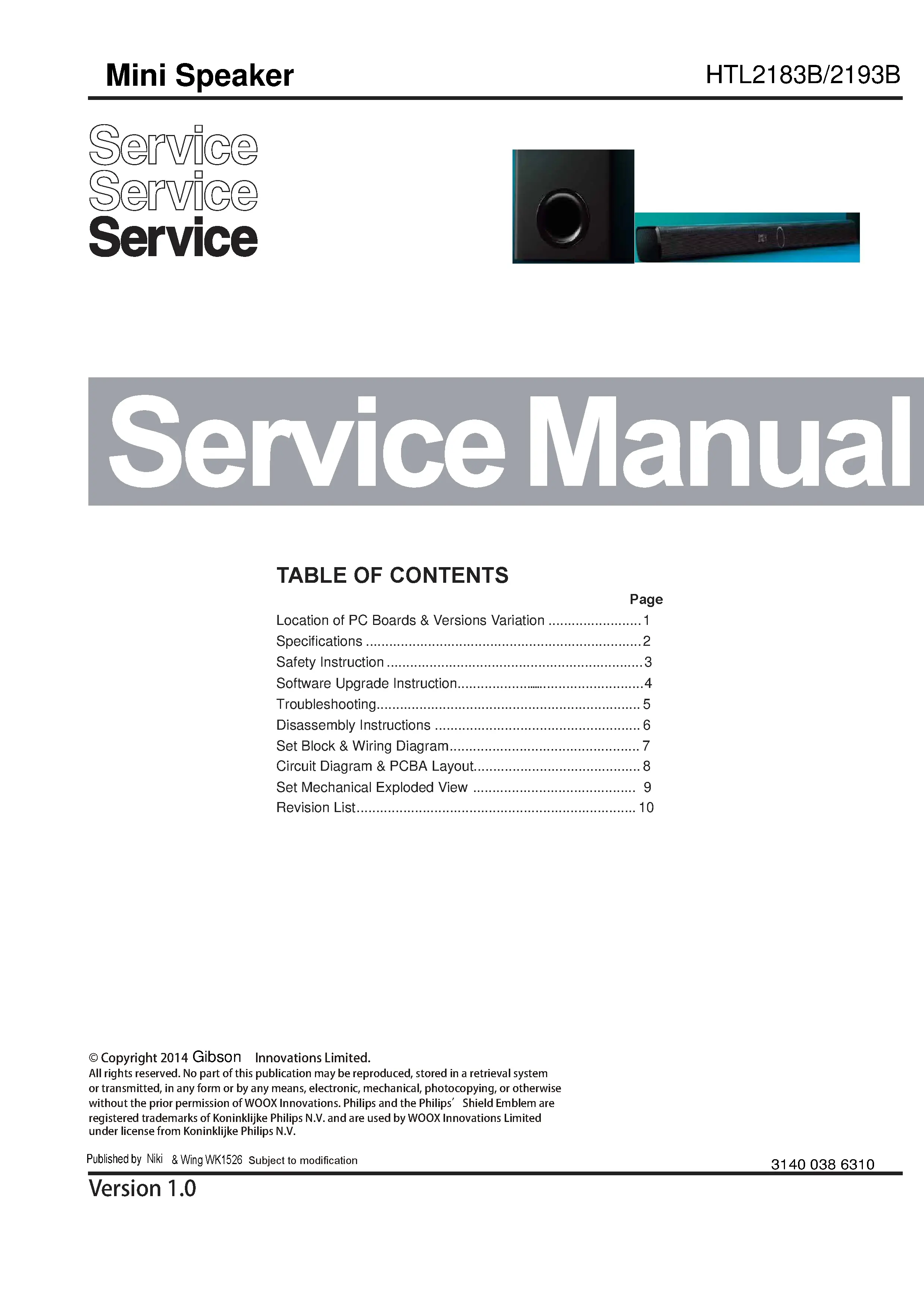 Philips htl2193b service manual cover with picture of the device, model type and number, table of contents, manual version and publication year.