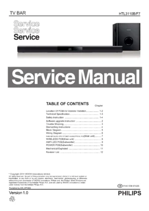 Philips htl3110b service manual cover with picture of the device, model type and number, table of contents, manual version and publication year.