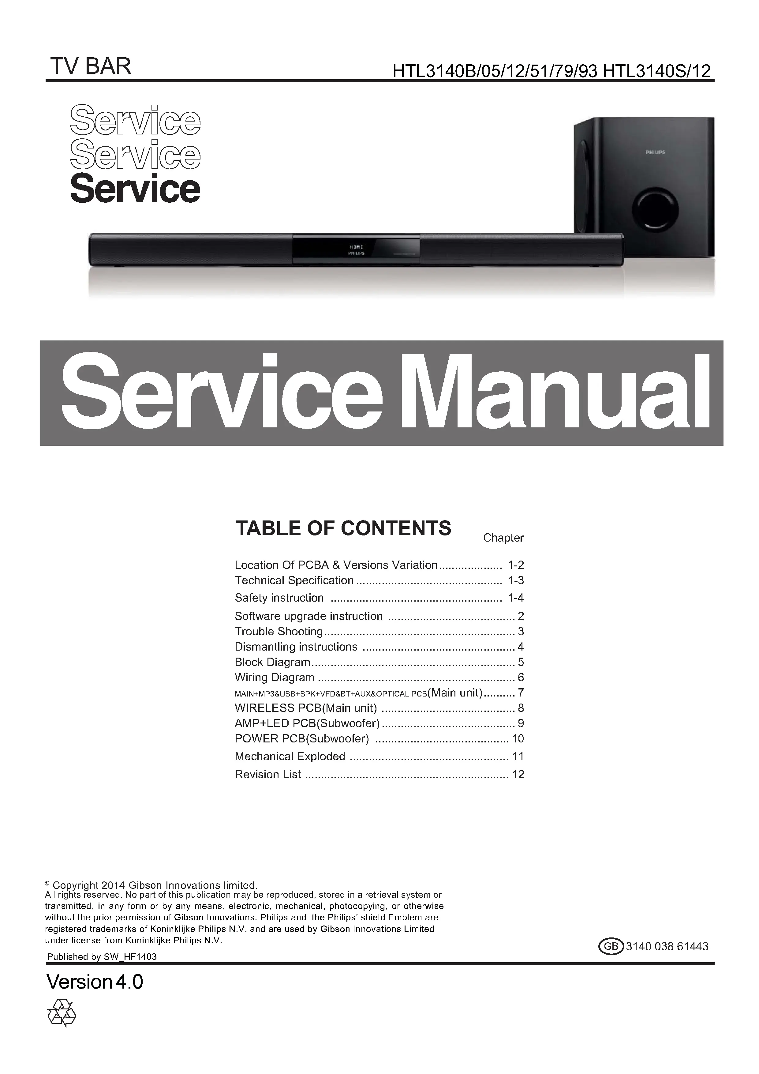 Philips htl3140b htl3140s service manual cover with picture of the device, model type and number, table of contents, manual version and publication year.