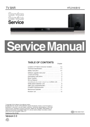 Philips htl3142s service manual cover with picture of the device, model type and number, table of contents, manual version and publication year.