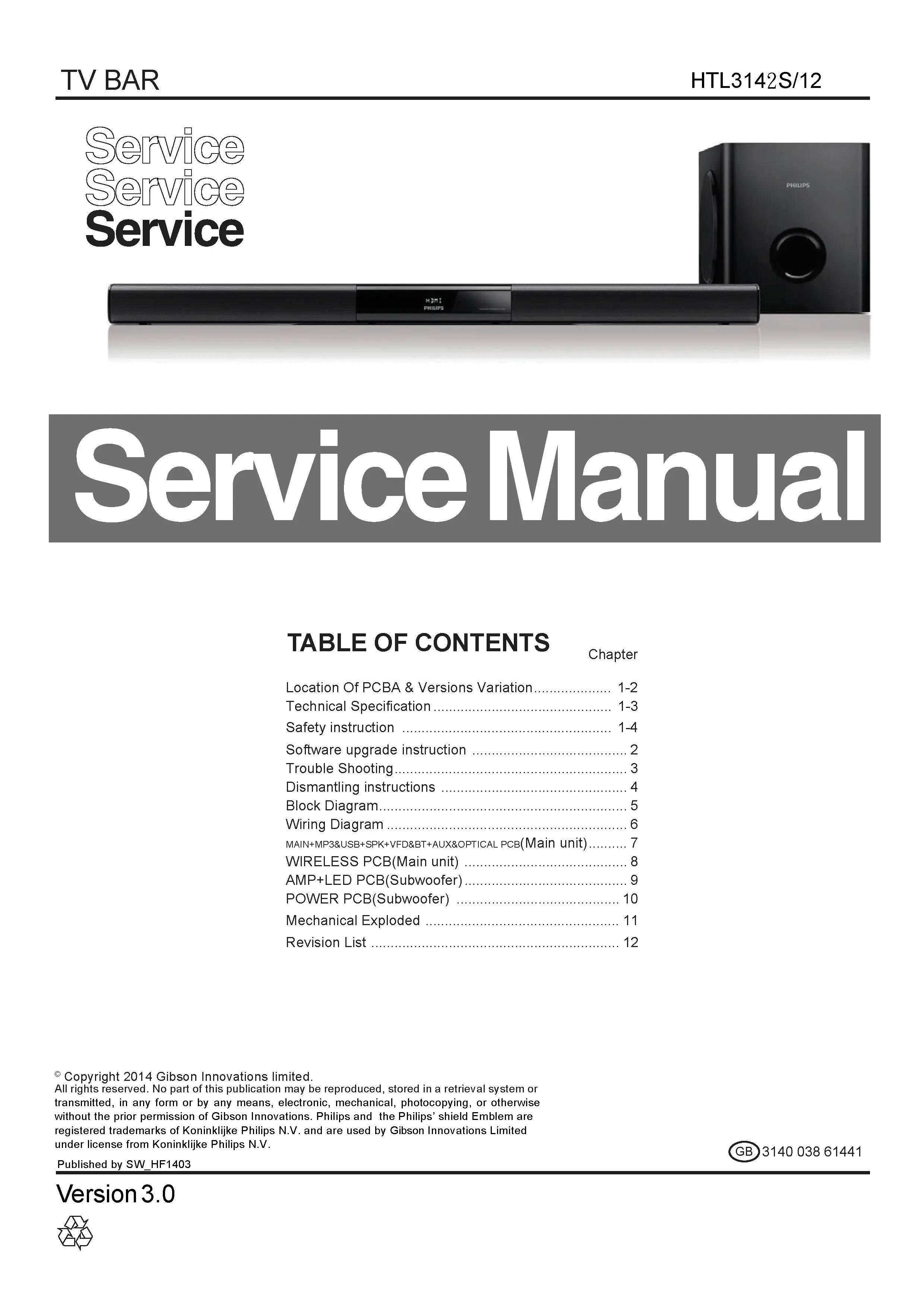Philips htl3142s service manual cover with picture of the device, model type and number, table of contents, manual version and publication year.