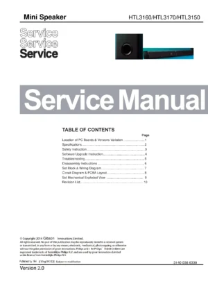 Philips htl3160 htl3170 htl3150 service manual cover with picture of the device, model type and number, table of contents, manual version and publication year.