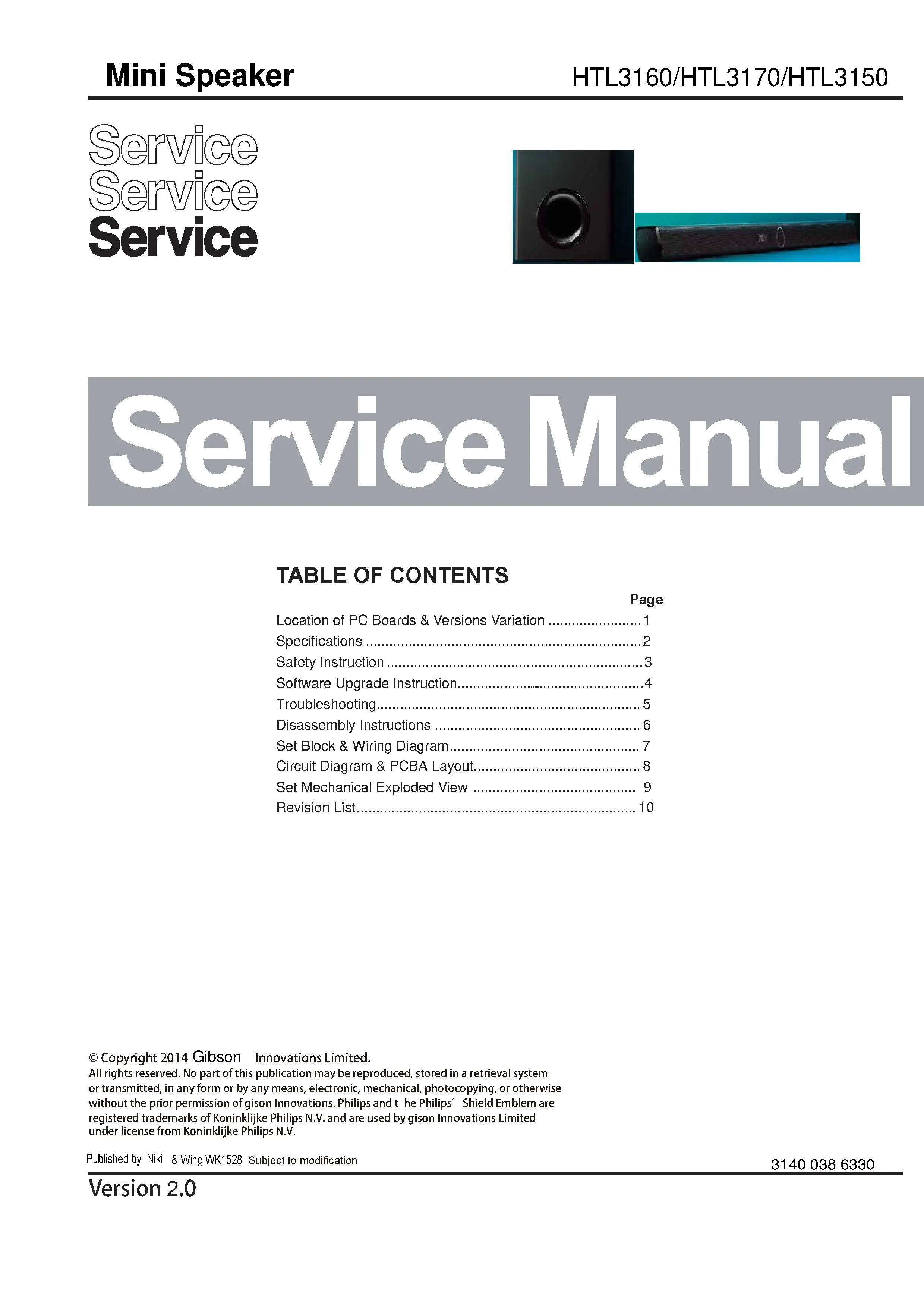 Philips htl3160 htl3170 htl3150 service manual cover with picture of the device, model type and number, table of contents, manual version and publication year.