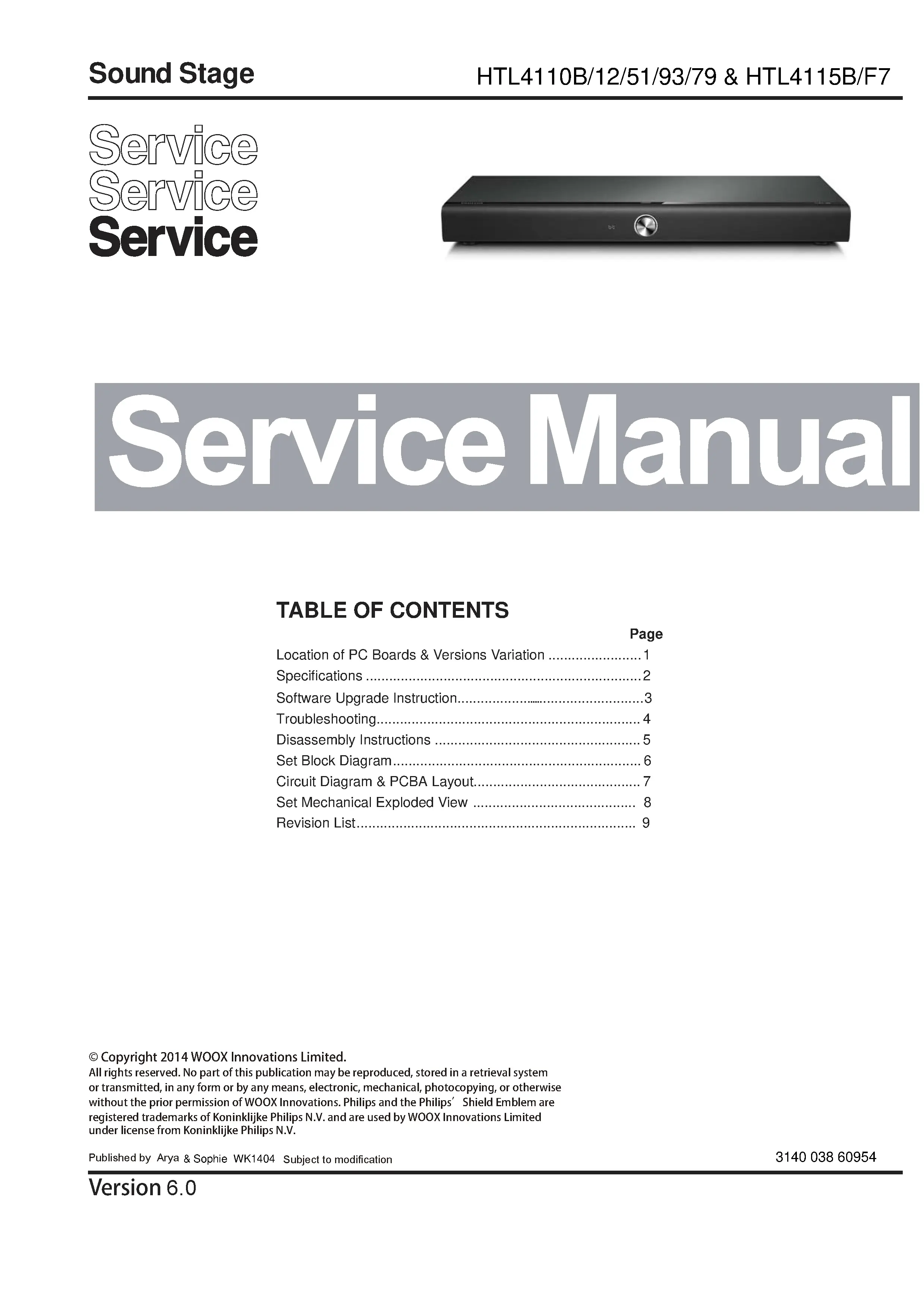 Philips htl4110b service manual cover with picture of the device, model type and number, table of contents, manual version and publication year.