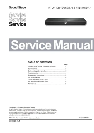 Philips htl4115b service manual cover with picture of the device, model type and number, table of contents, manual version and publication year.