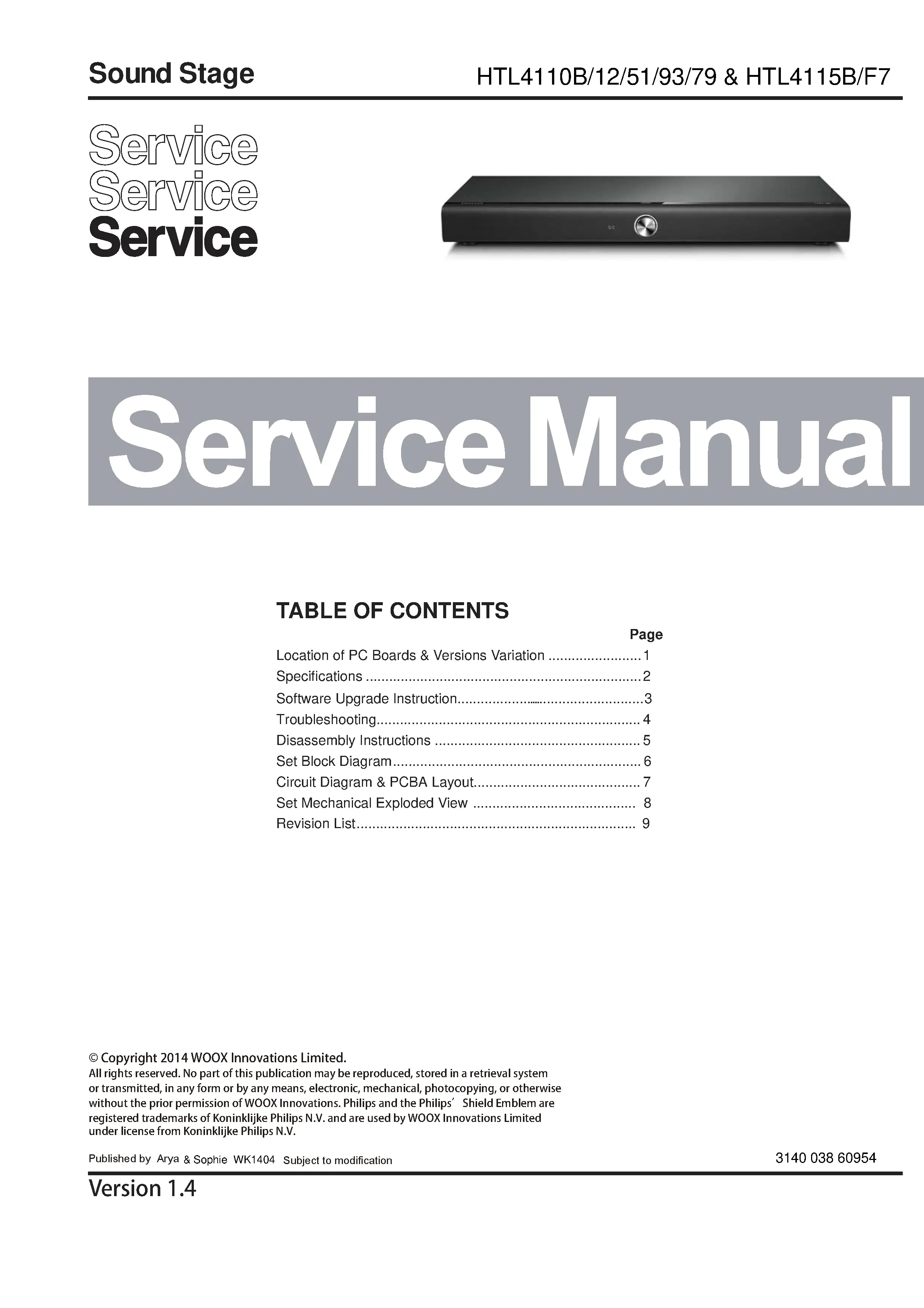 Philips htl4115b service manual cover with picture of the device, model type and number, table of contents, manual version and publication year.