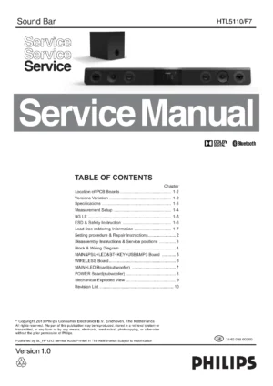 Philips htl5110 service manual cover with picture of the device, model type and number, table of contents, manual version and publication year.