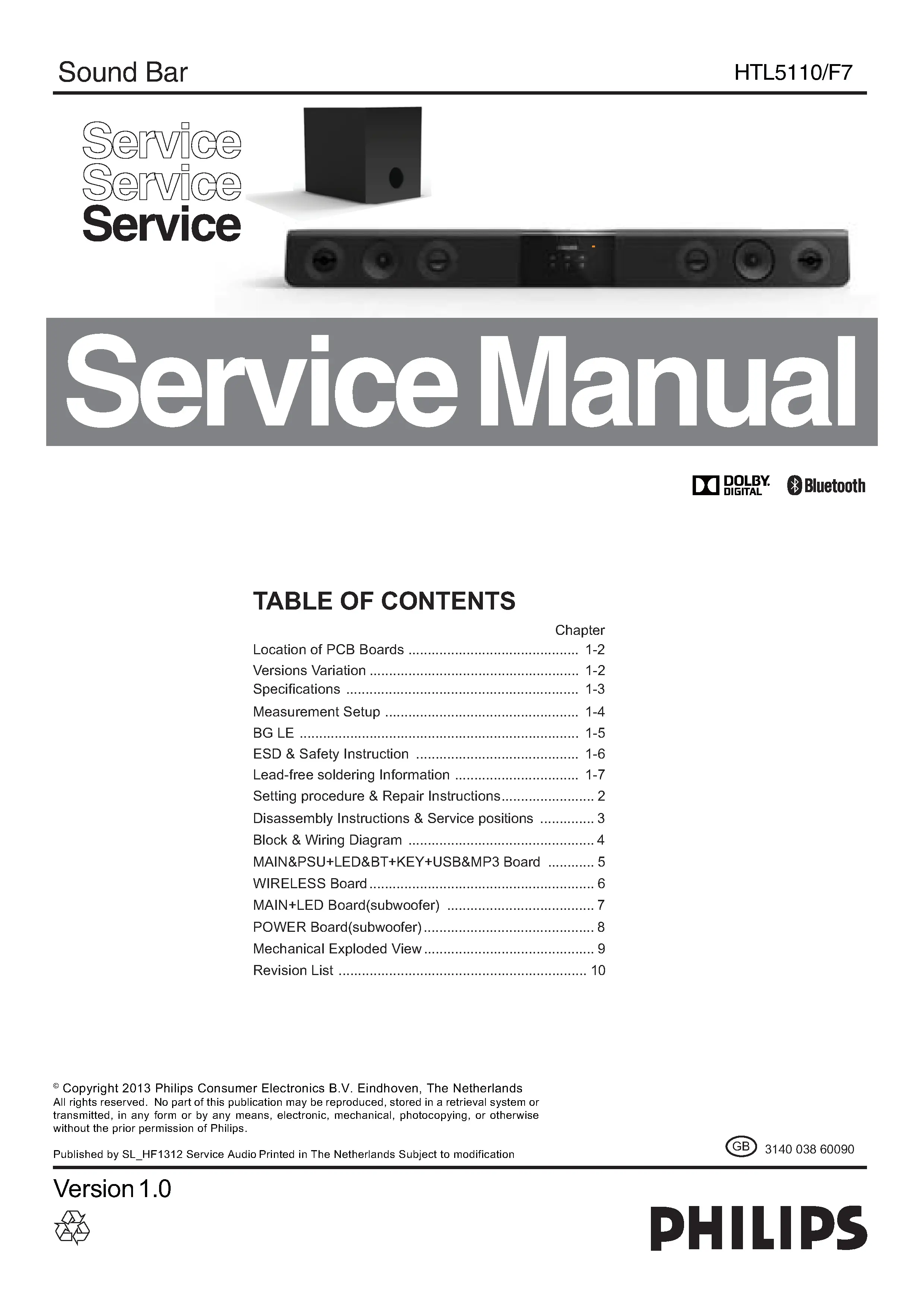 Philips htl5110 service manual cover with picture of the device, model type and number, table of contents, manual version and publication year.