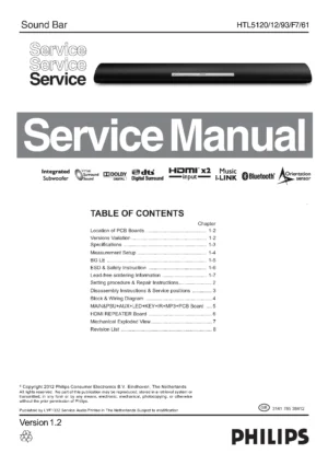 Philips htl5120 service manual cover with picture of the device, model type and number, table of contents, manual version and publication year.