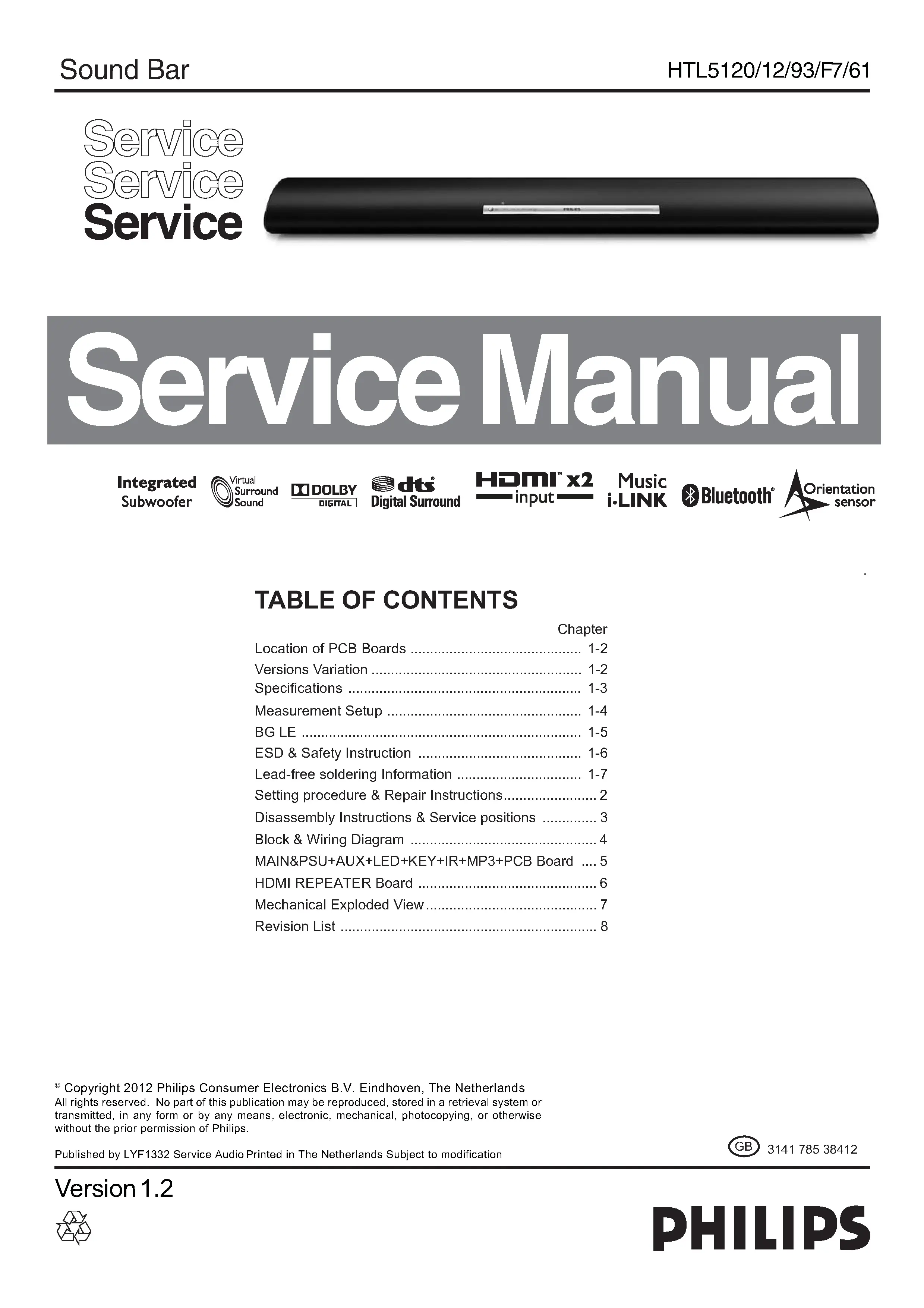 Philips htl5120 service manual cover with picture of the device, model type and number, table of contents, manual version and publication year.