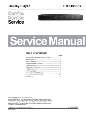 Philips htl5130b service manual cover with picture of the device, model type and number, table of contents, manual version and publication year.