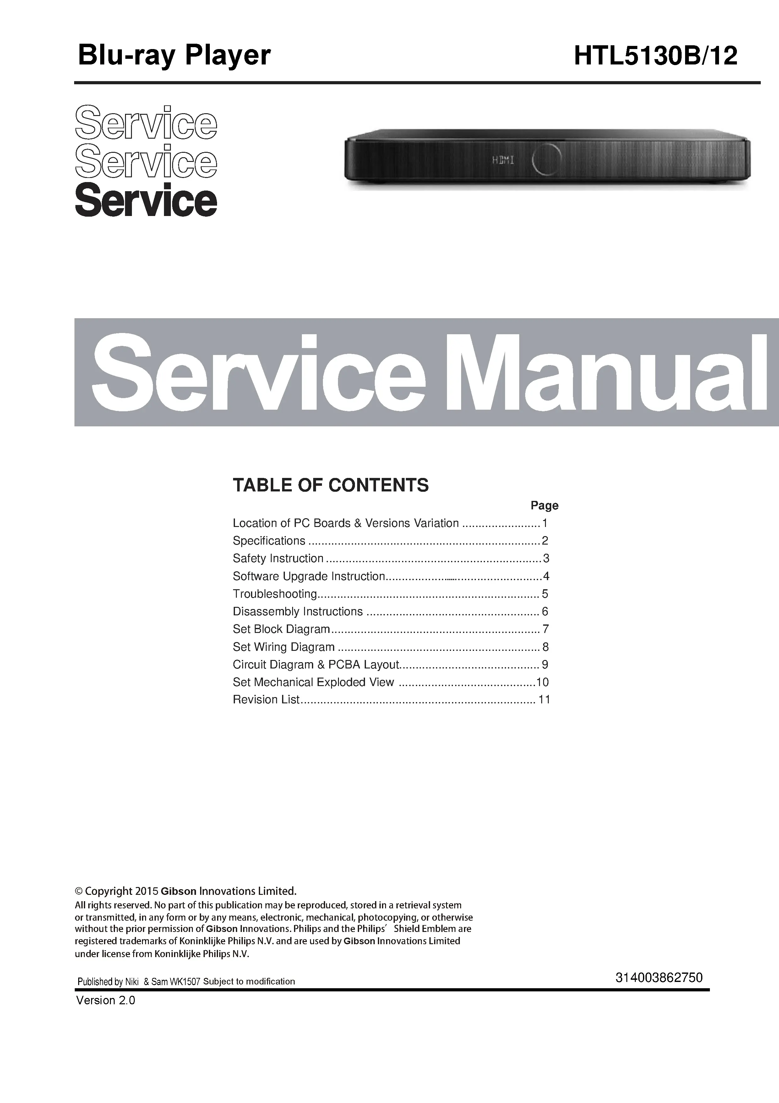Philips htl5130b service manual cover with picture of the device, model type and number, table of contents, manual version and publication year.