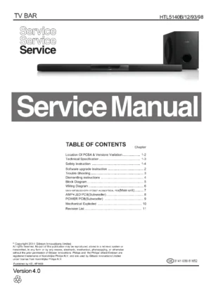 Philips htl5140b service manual cover with picture of the device, model type and number, table of contents, manual version and publication year.