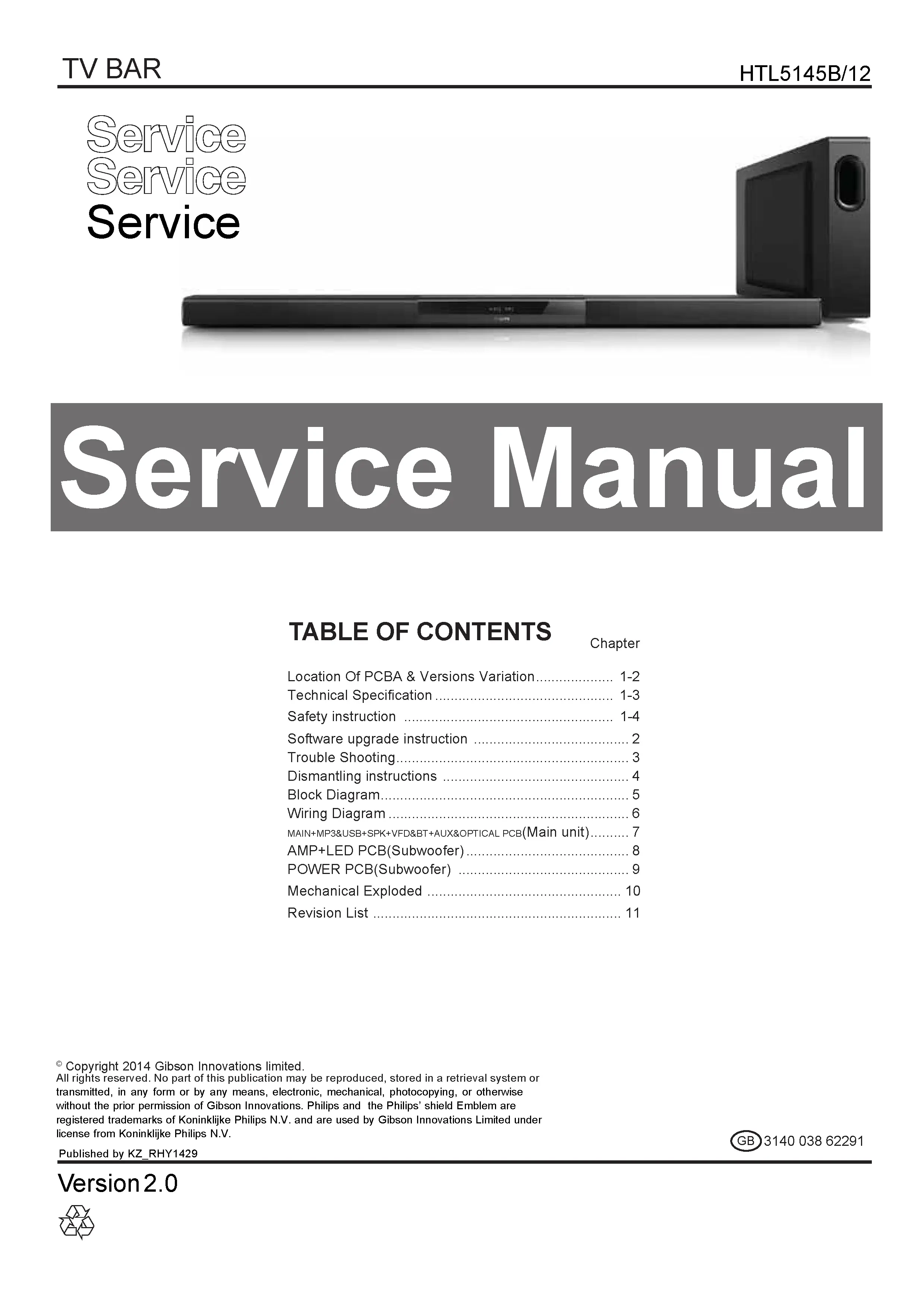 Philips htl5145b service manual cover with picture of the device, model type and number, table of contents, manual version and publication year.