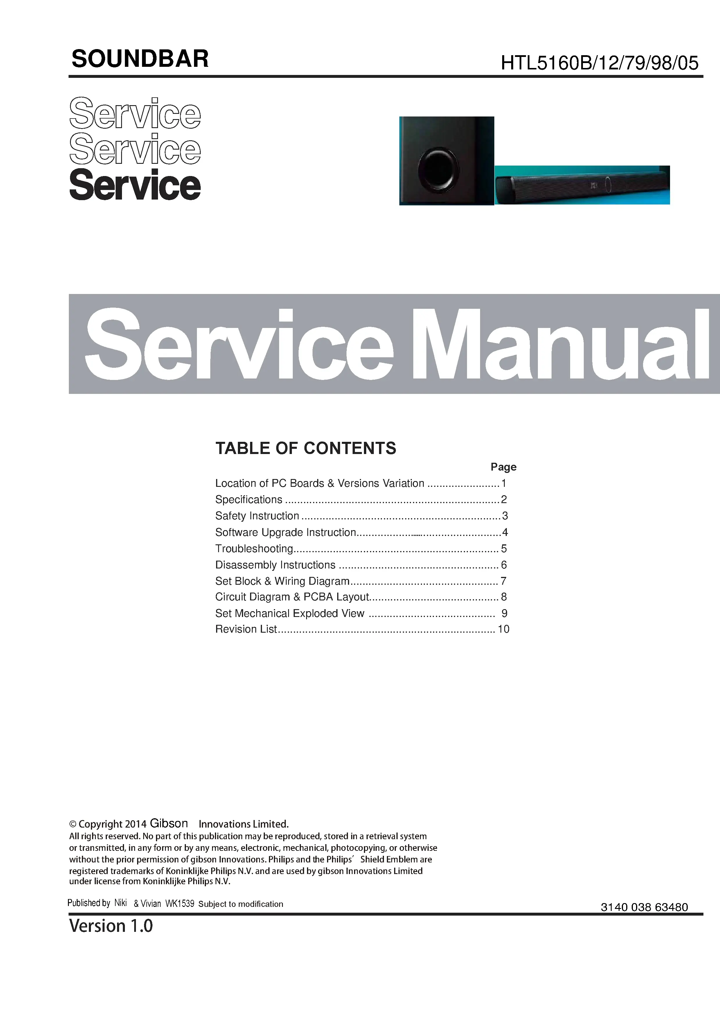 Philips htl5160b service manual cover with picture of the device, model type and number, table of contents, manual version and publication year.