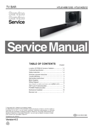 Philips htl6140b service manual cover with picture of the device, model type and number, table of contents, manual version and publication year.