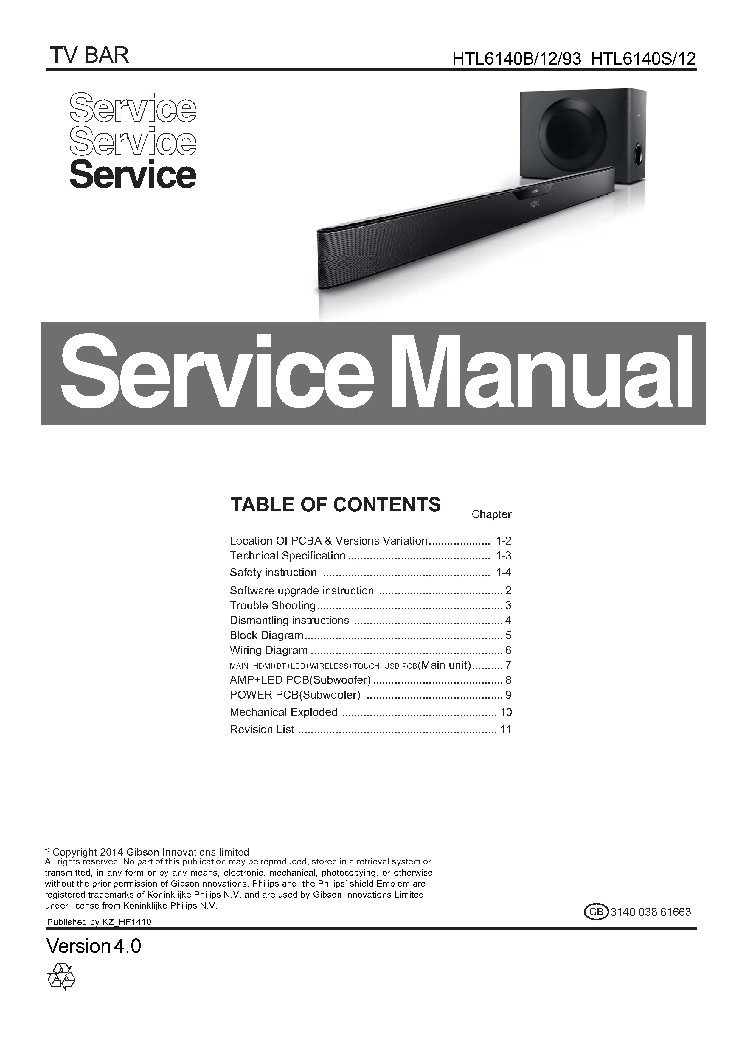 Philips htl6140s htl6140b service manual cover with picture of the device, model type and number, table of contents, manual version and publication year.