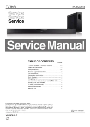 Philips htl6145c service manual cover with picture of the device, model type and number, table of contents, manual version and publication year.