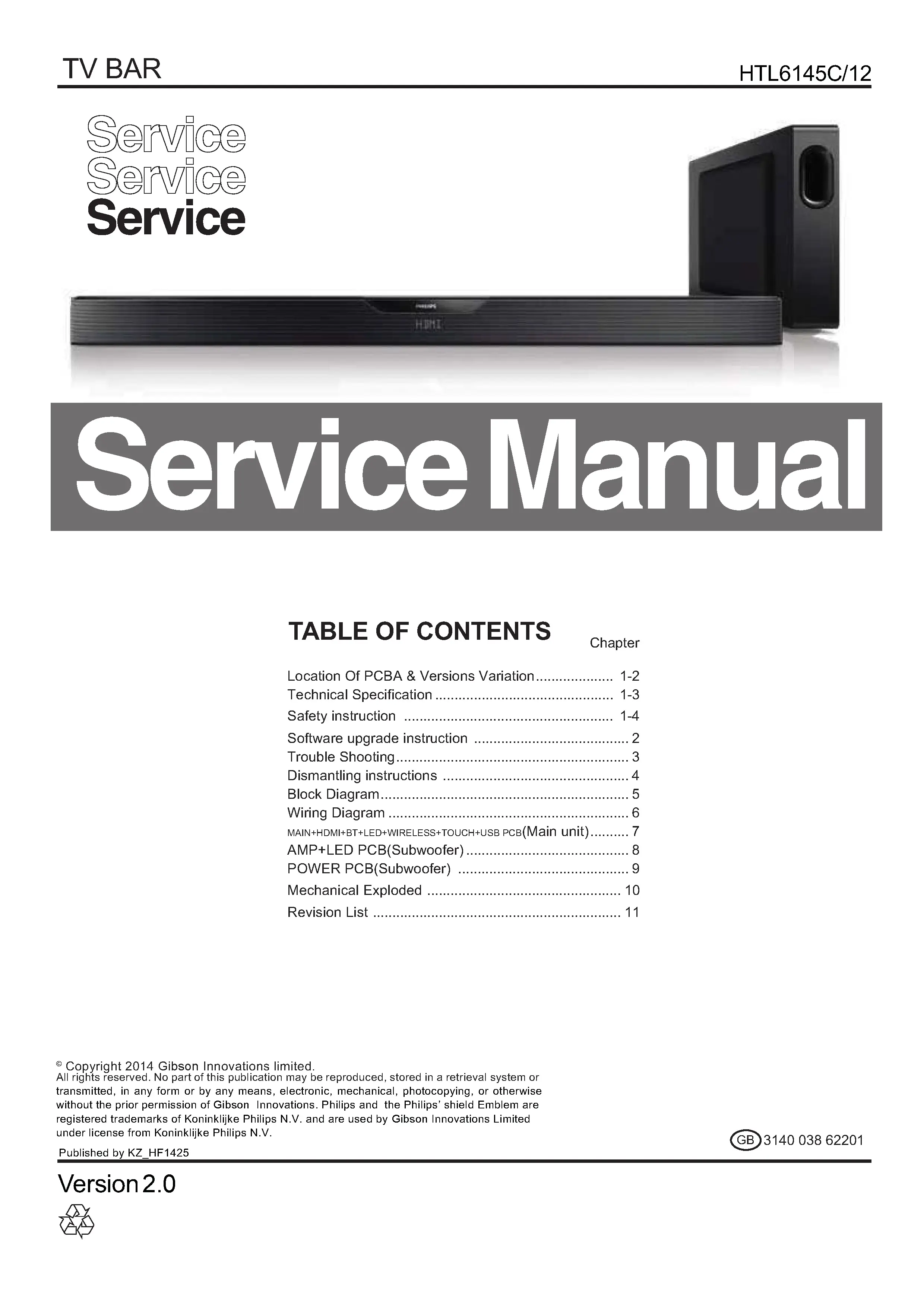 Philips htl6145c service manual cover with picture of the device, model type and number, table of contents, manual version and publication year.