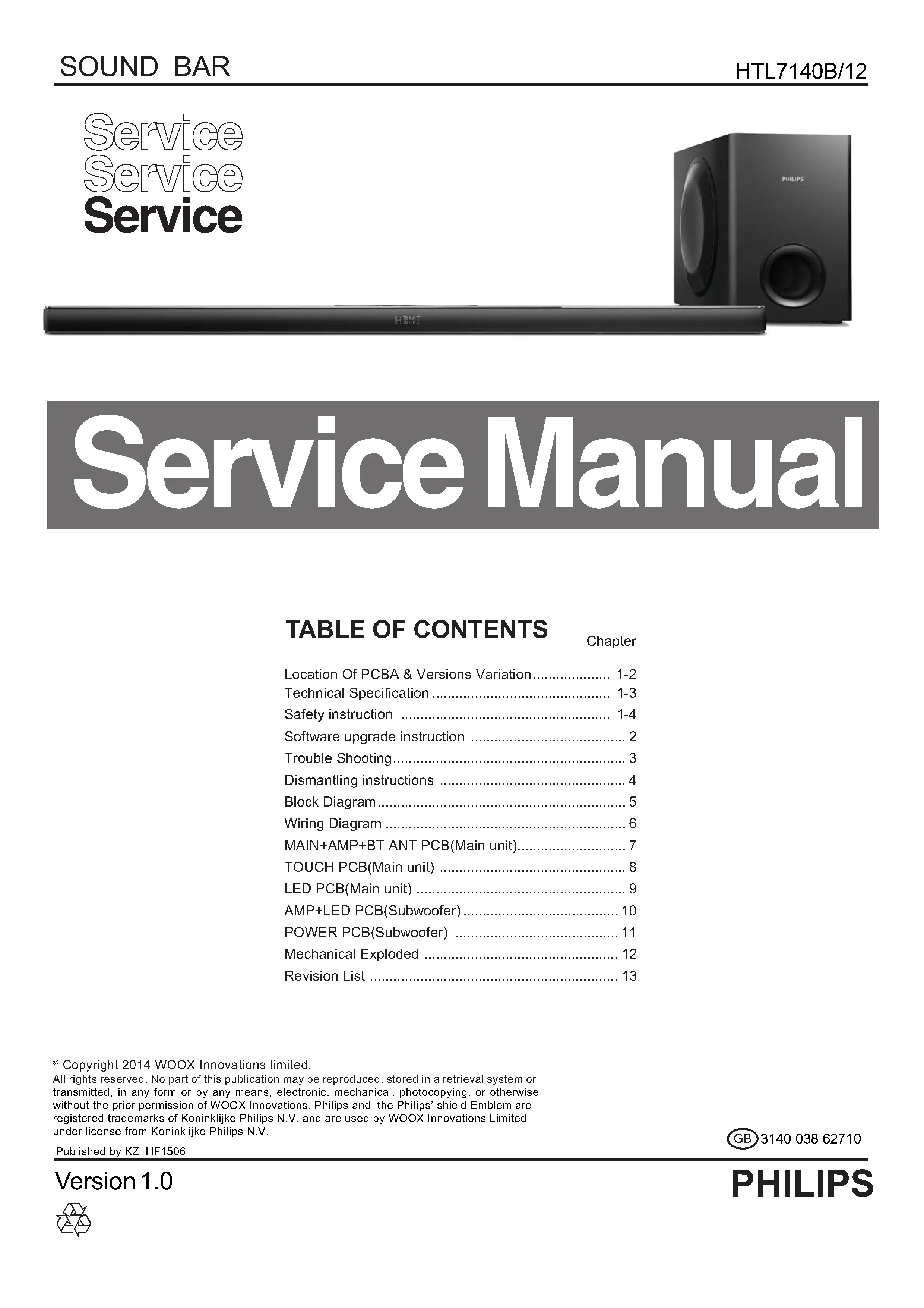 Philips htl7140b service manual cover with picture of the device, model type and number, table of contents, manual version and publication year.