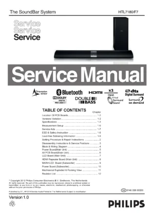 Philips htl7180 service manual cover with picture of the device, model type and number, table of contents, manual version and publication year.