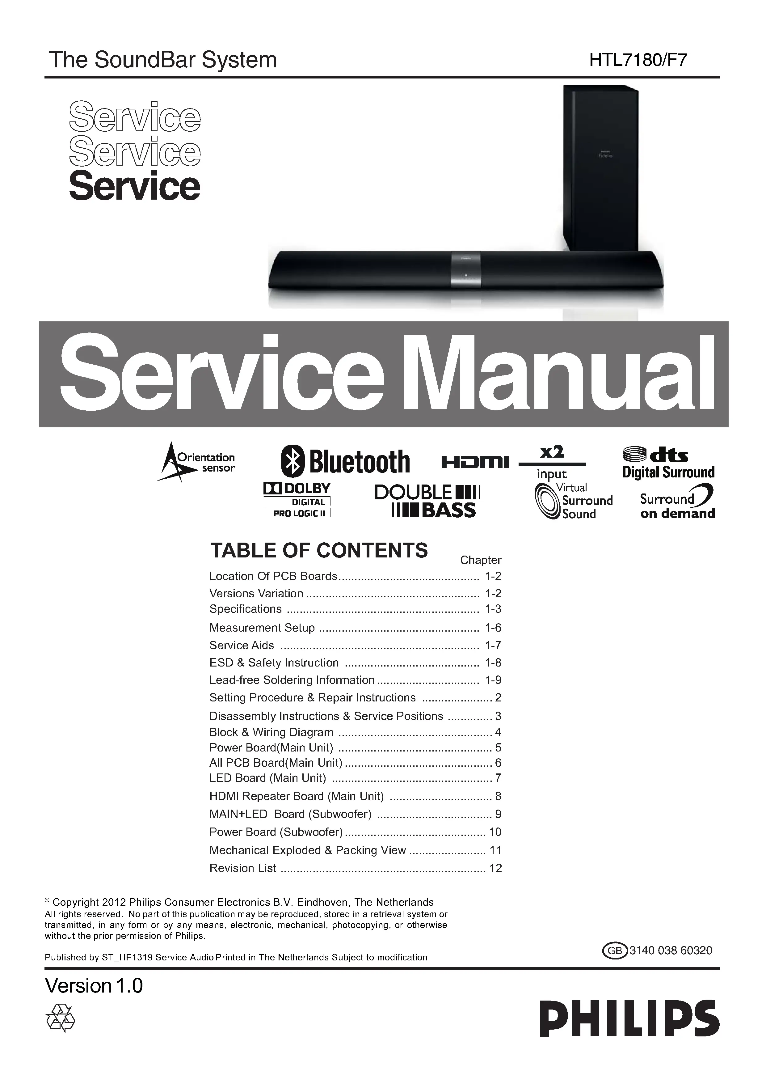 Philips htl7180 service manual cover with picture of the device, model type and number, table of contents, manual version and publication year.