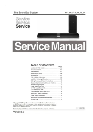 Philips htl9100 service manual cover with picture of the device, model type and number, table of contents, manual version and publication year.