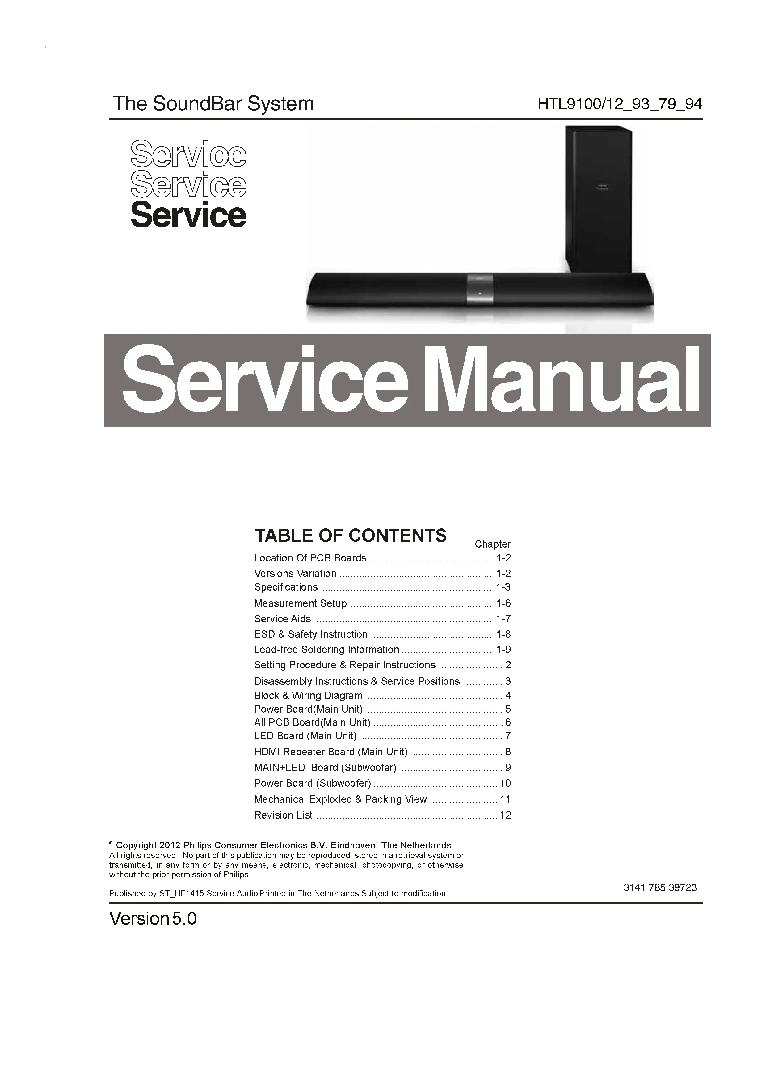 Philips htl9100 service manual cover with picture of the device, model type and number, table of contents, manual version and publication year.