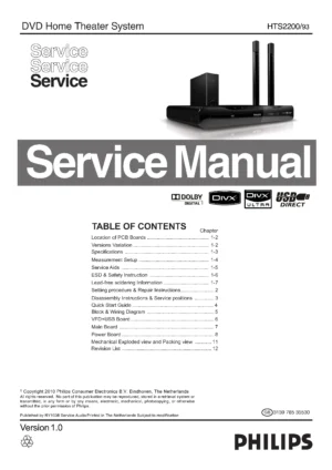 Philips hts2200 service manual cover with picture of the device, model type and number, table of contents, manual version and publication year.