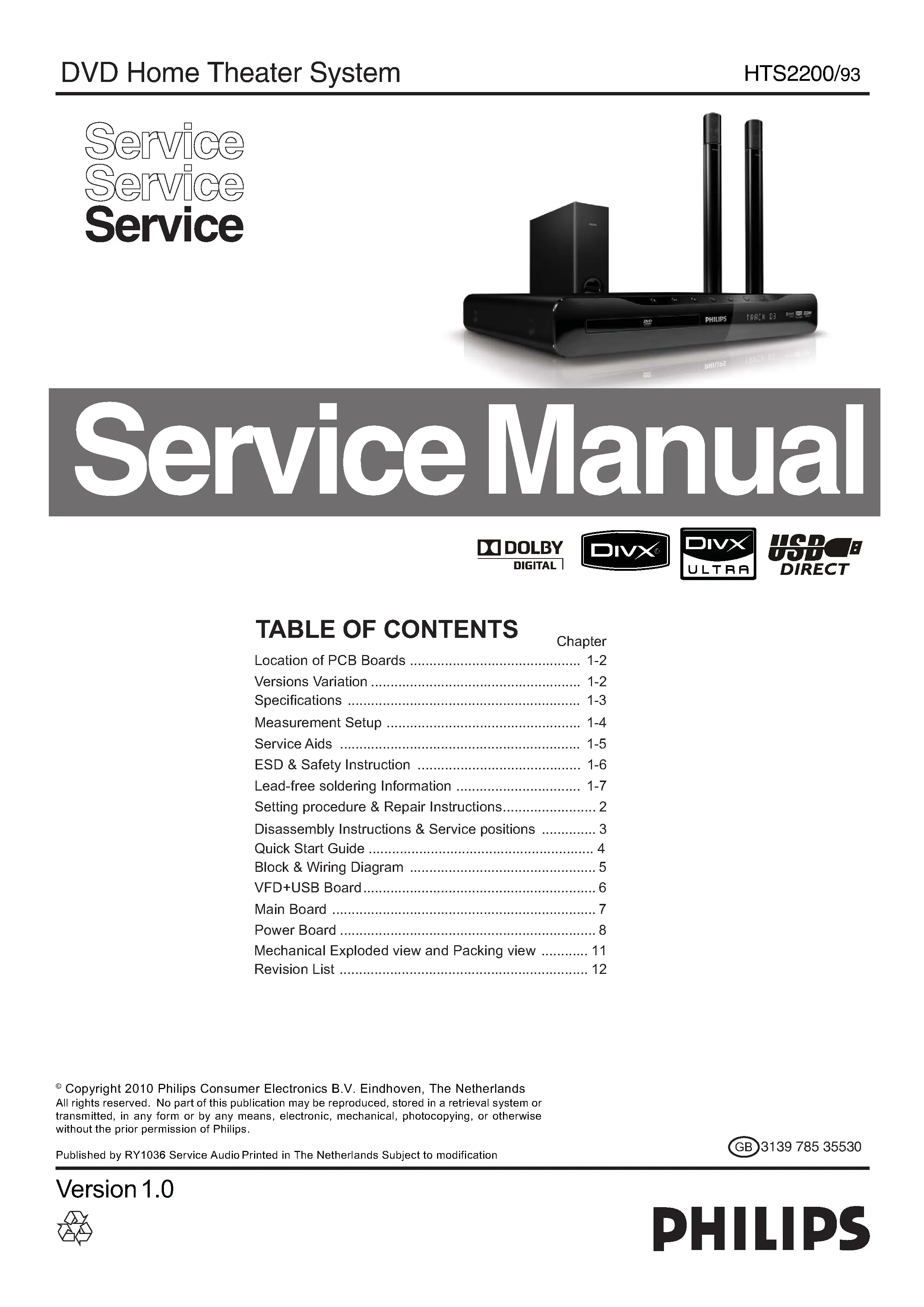 Philips hts2200 service manual cover with picture of the device, model type and number, table of contents, manual version and publication year.