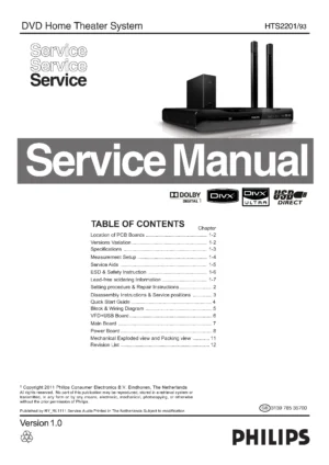 Philips hts2201 service manual cover with picture of the device, model type and number, table of contents, manual version and publication year.