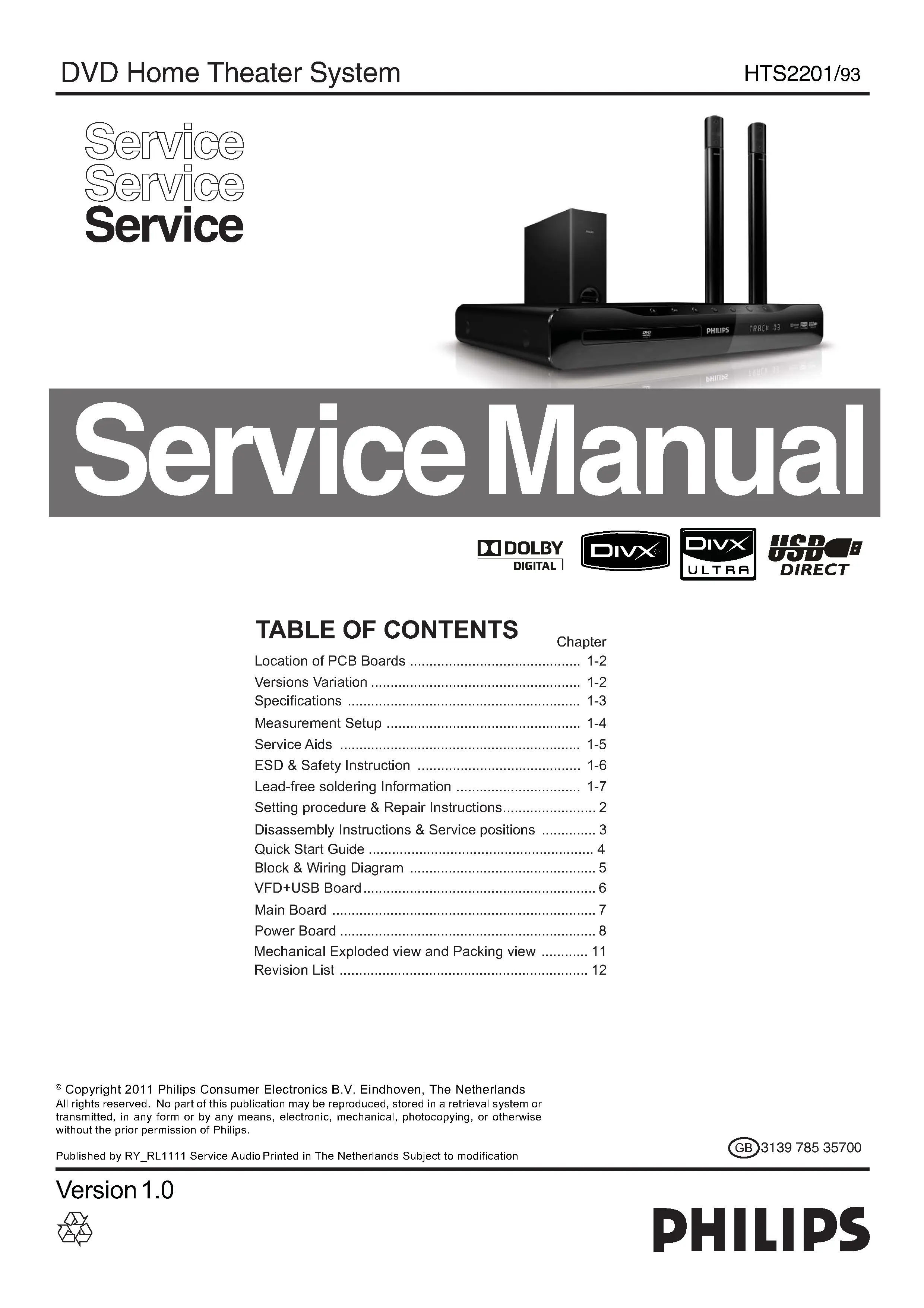 Philips hts2201 service manual cover with picture of the device, model type and number, table of contents, manual version and publication year.