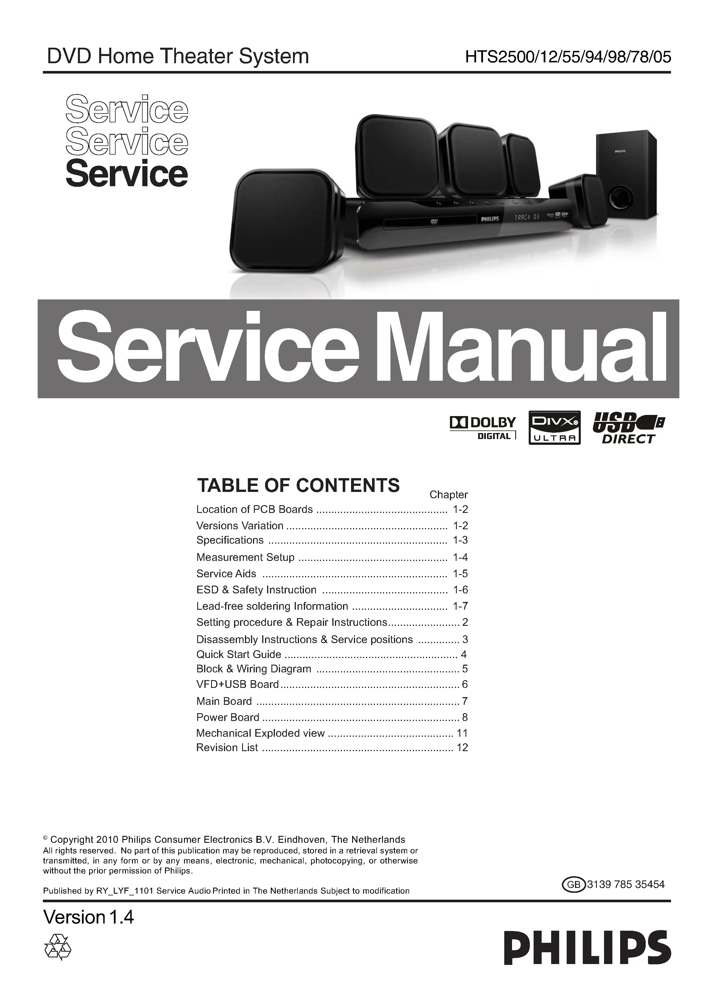 Philips hts2500 service manual cover with picture of the device, model type and number, table of contents, manual version and publication year.