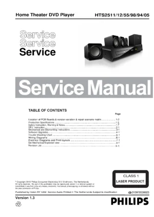 Philips hts2511 service manual cover with picture of the device, model type and number, table of contents, manual version and publication year.