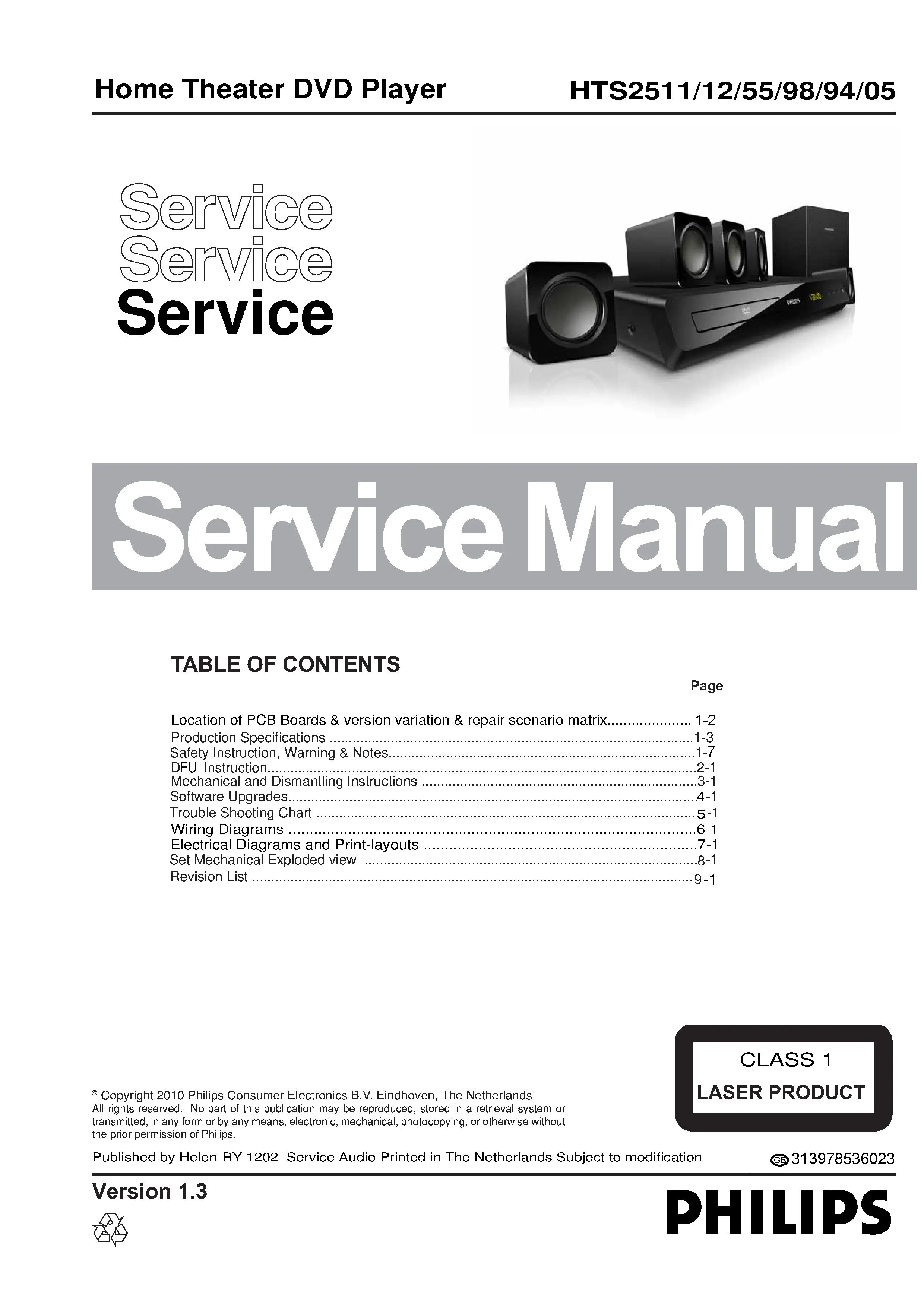 Philips hts2511 service manual cover with picture of the device, model type and number, table of contents, manual version and publication year.