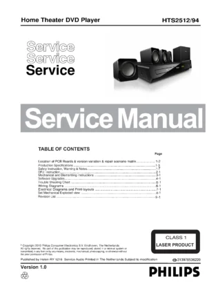 Philips hts2512 service manual cover with picture of the device, model type and number, table of contents, manual version and publication year.