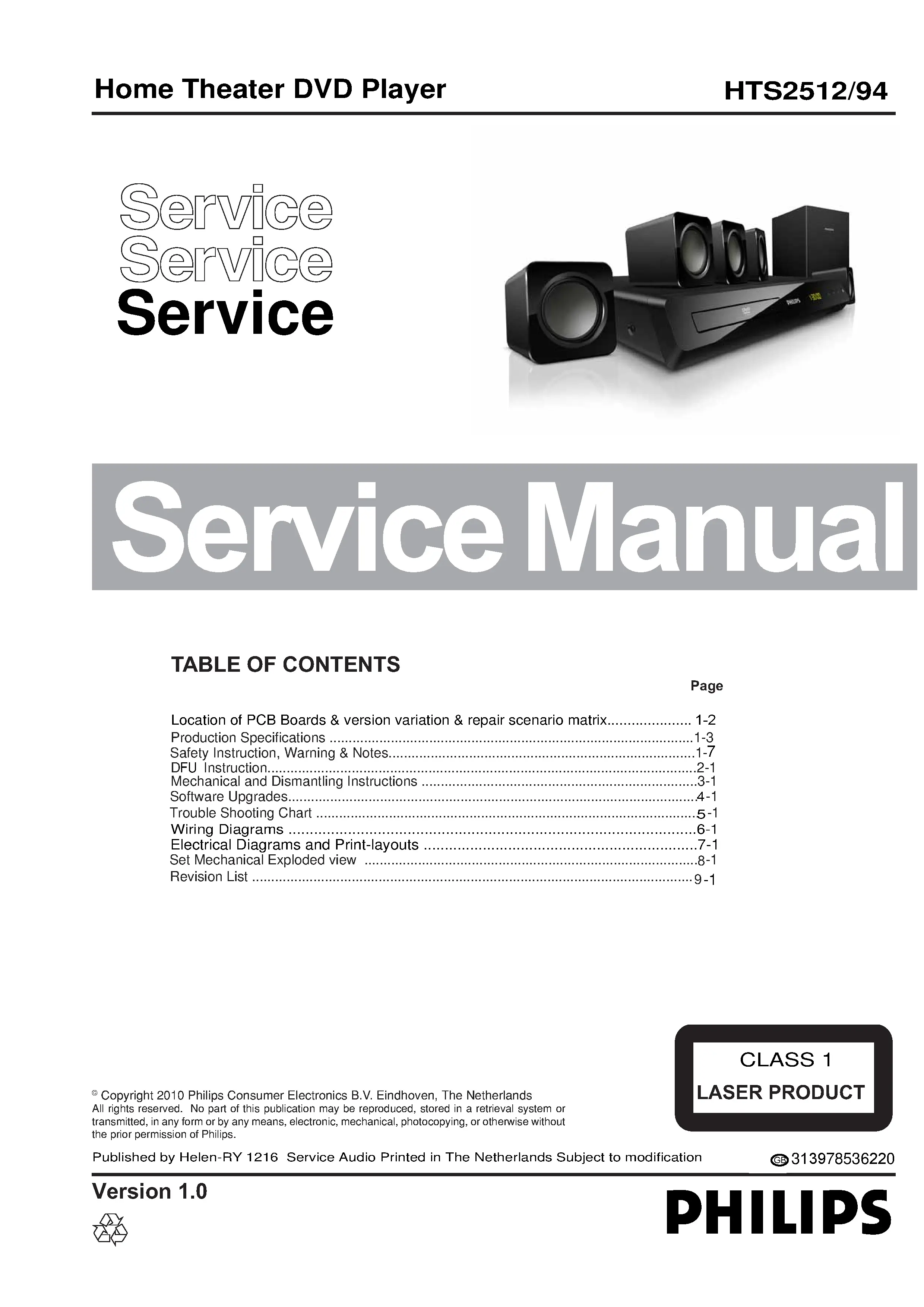 Philips hts2512 service manual cover with picture of the device, model type and number, table of contents, manual version and publication year.