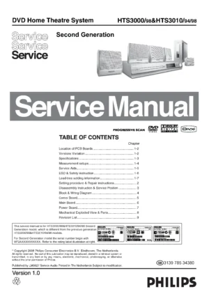 Philips hts3000 service manual cover with picture of the device, model type and number, table of contents, manual version and publication year.