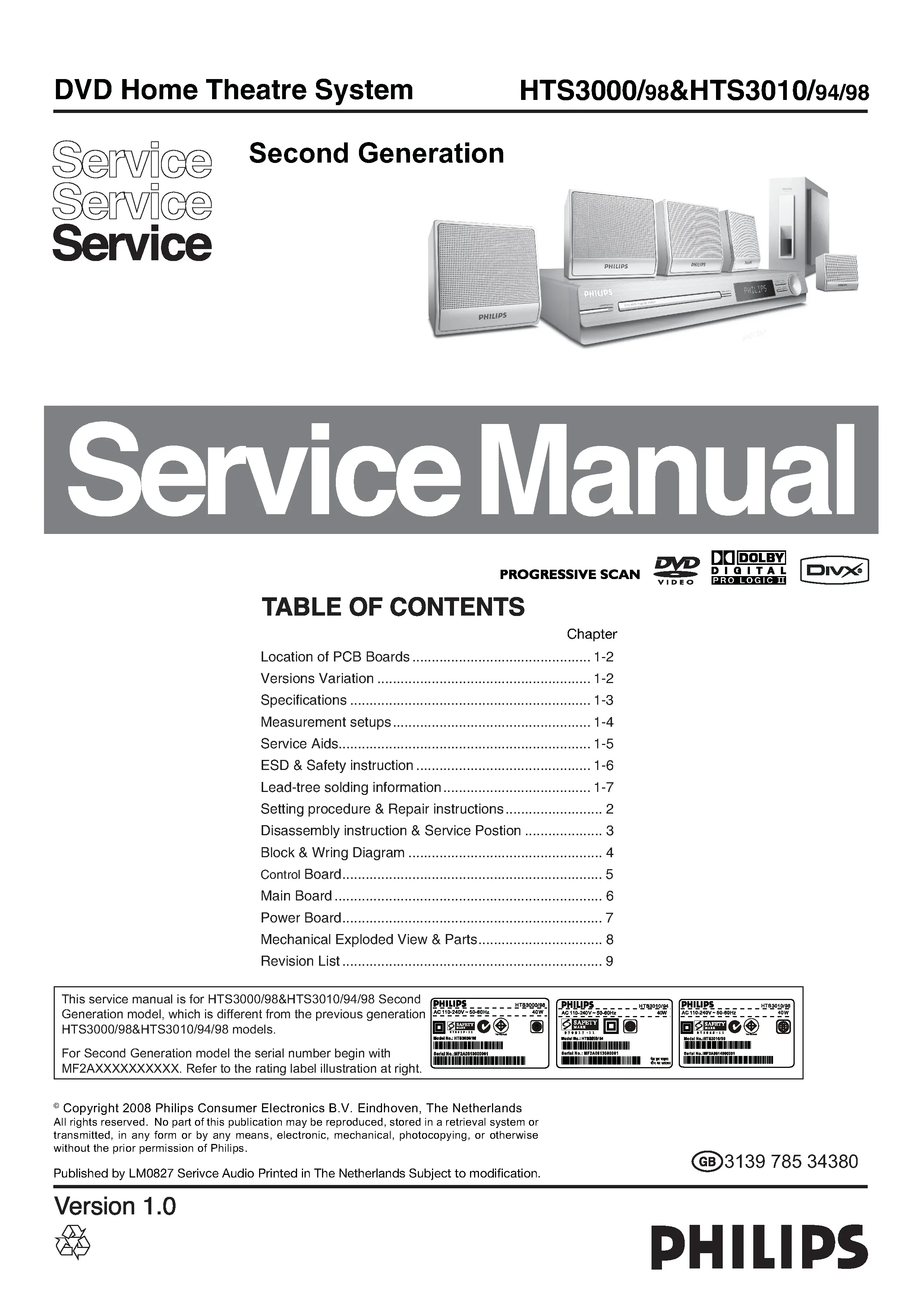 Philips hts3010 service manual cover with picture of the device, model type and number, table of contents, manual version and publication year.