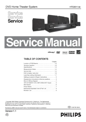 Philips hts3011 service manual cover with picture of the device, model type and number, table of contents, manual version and publication year.