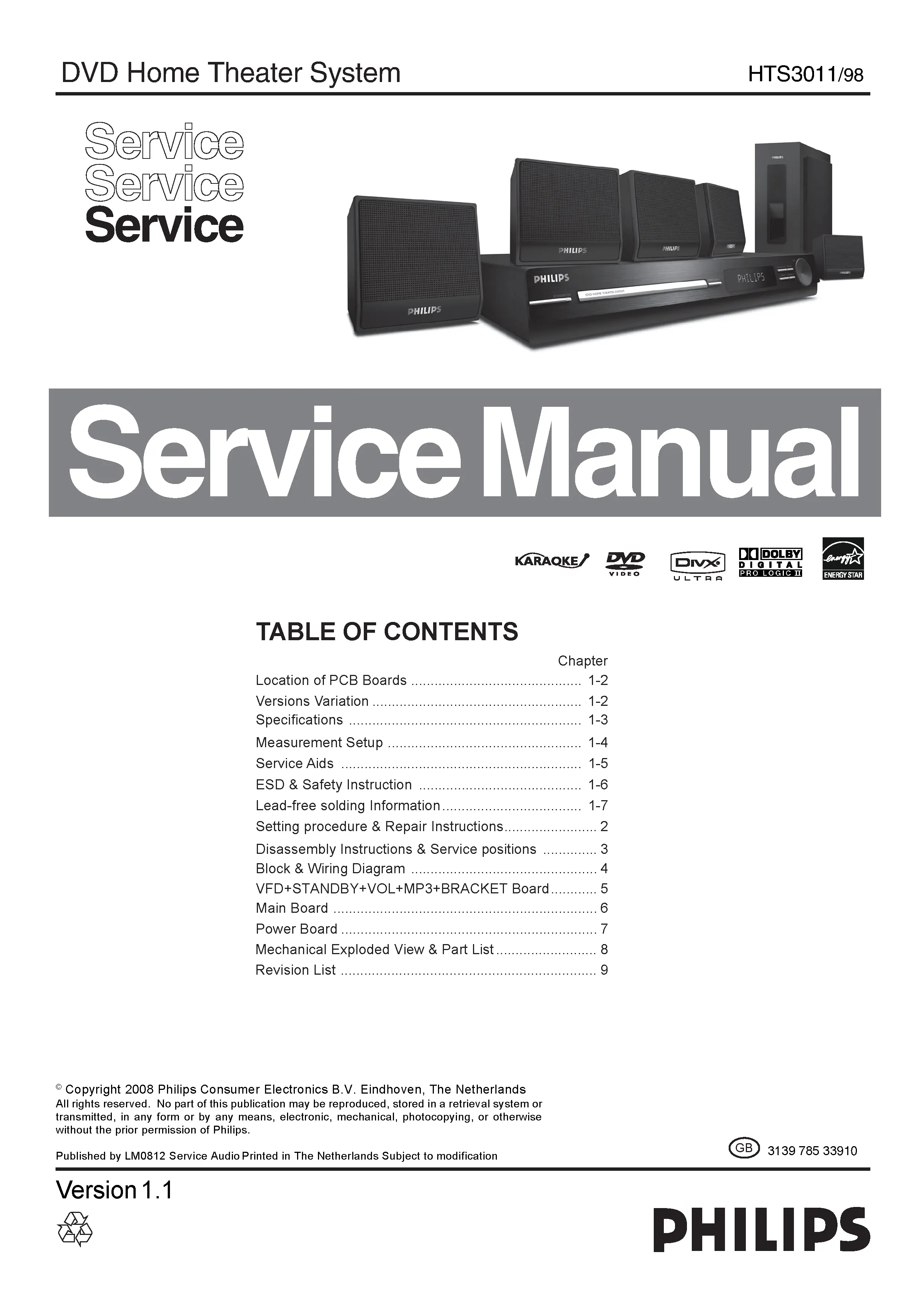 Philips hts3011 service manual cover with picture of the device, model type and number, table of contents, manual version and publication year.