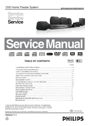 Philips hts3020 service manual cover with picture of the device, model type and number, table of contents, manual version and publication year.