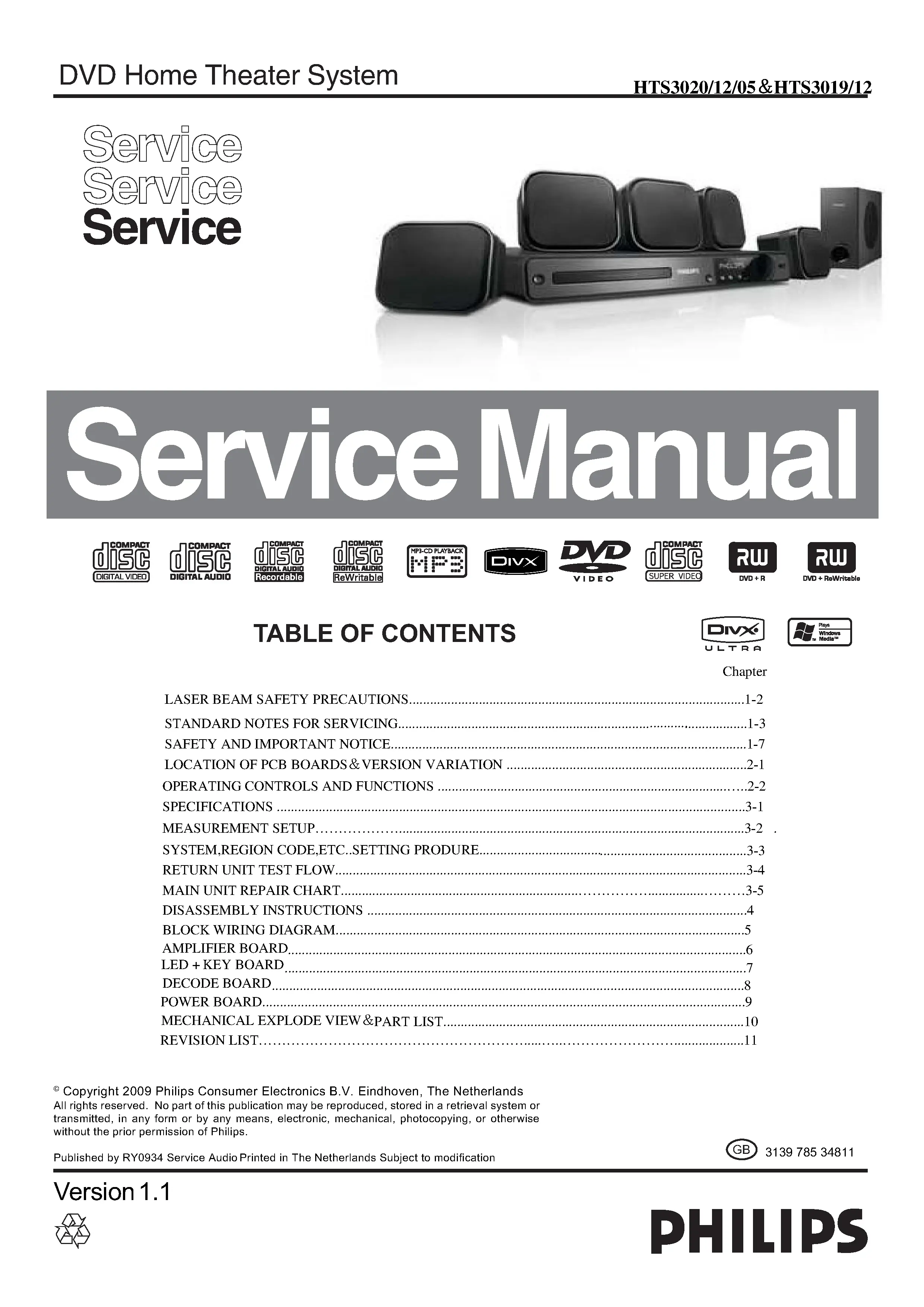 Philips hts3020 service manual cover with picture of the device, model type and number, table of contents, manual version and publication year.