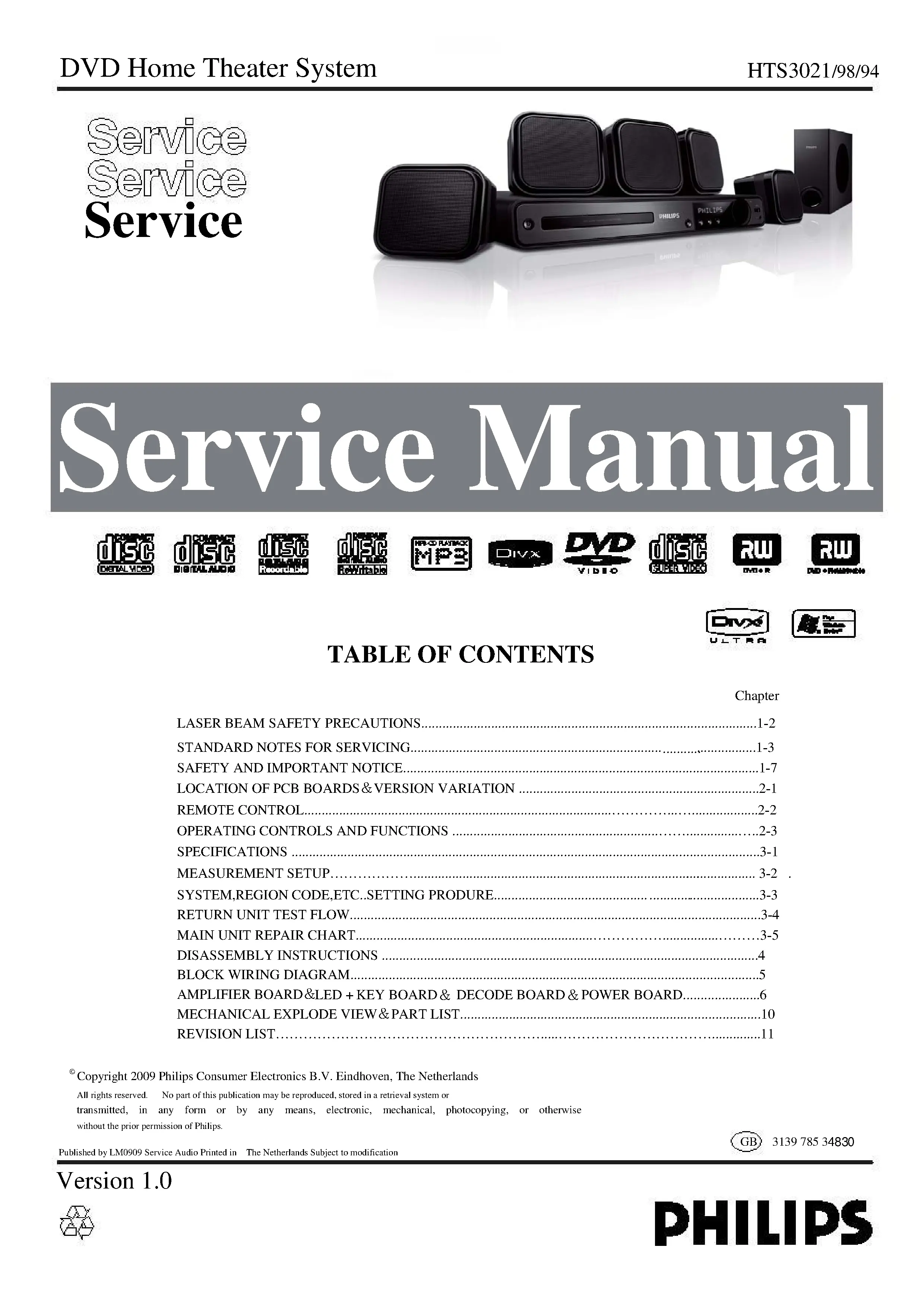 Philips hts3021 service manual cover with picture of the device, model type and number, table of contents, manual version and publication year.