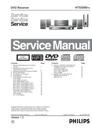 Philips hts3050 service manual cover with picture of the device, model type and number, table of contents, manual version and publication year.