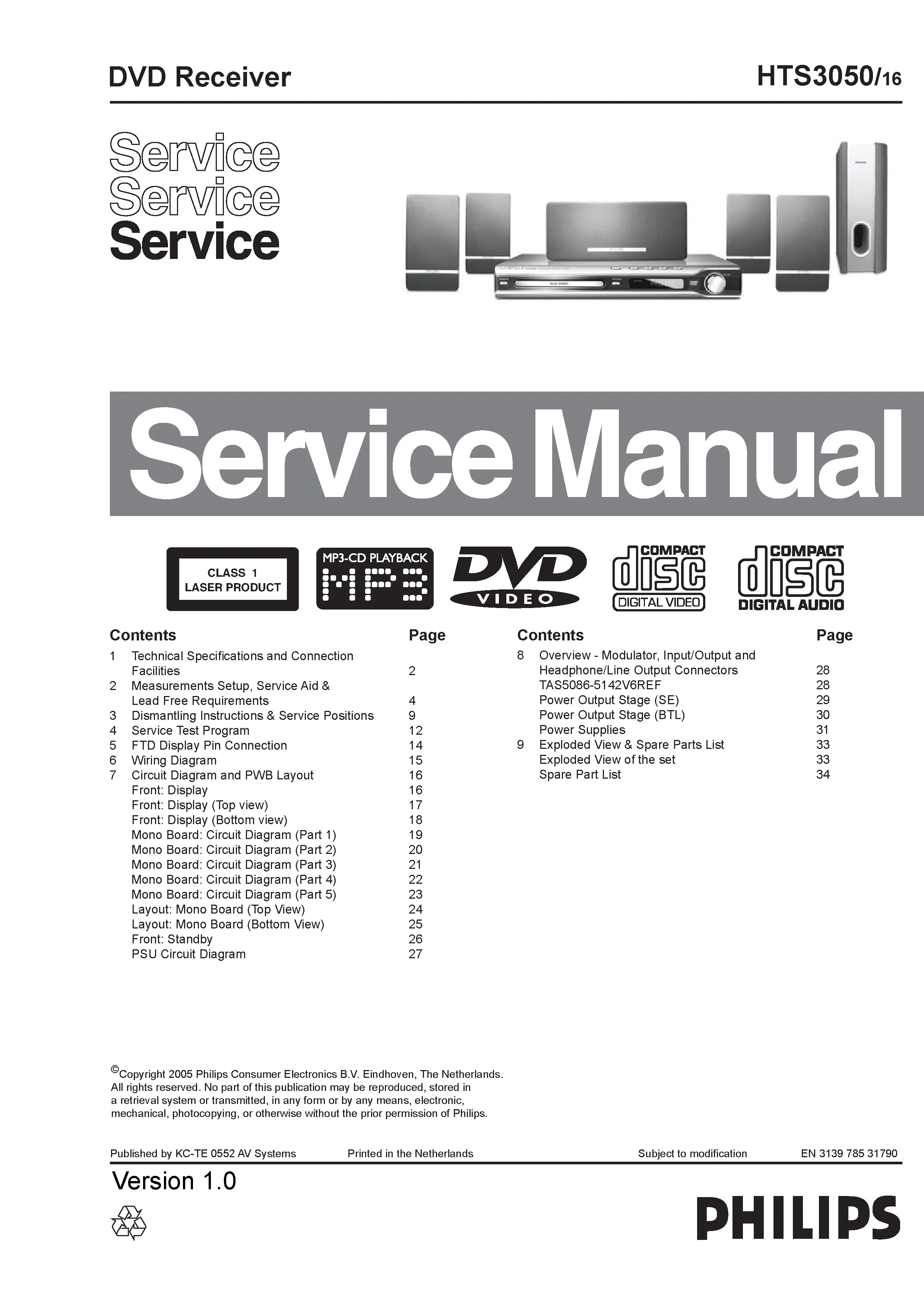 Philips hts3050 service manual cover with picture of the device, model type and number, table of contents, manual version and publication year.