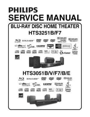 Philips hts3051b service manual cover with picture of the device, model type and number, table of contents, manual version and publication year.
