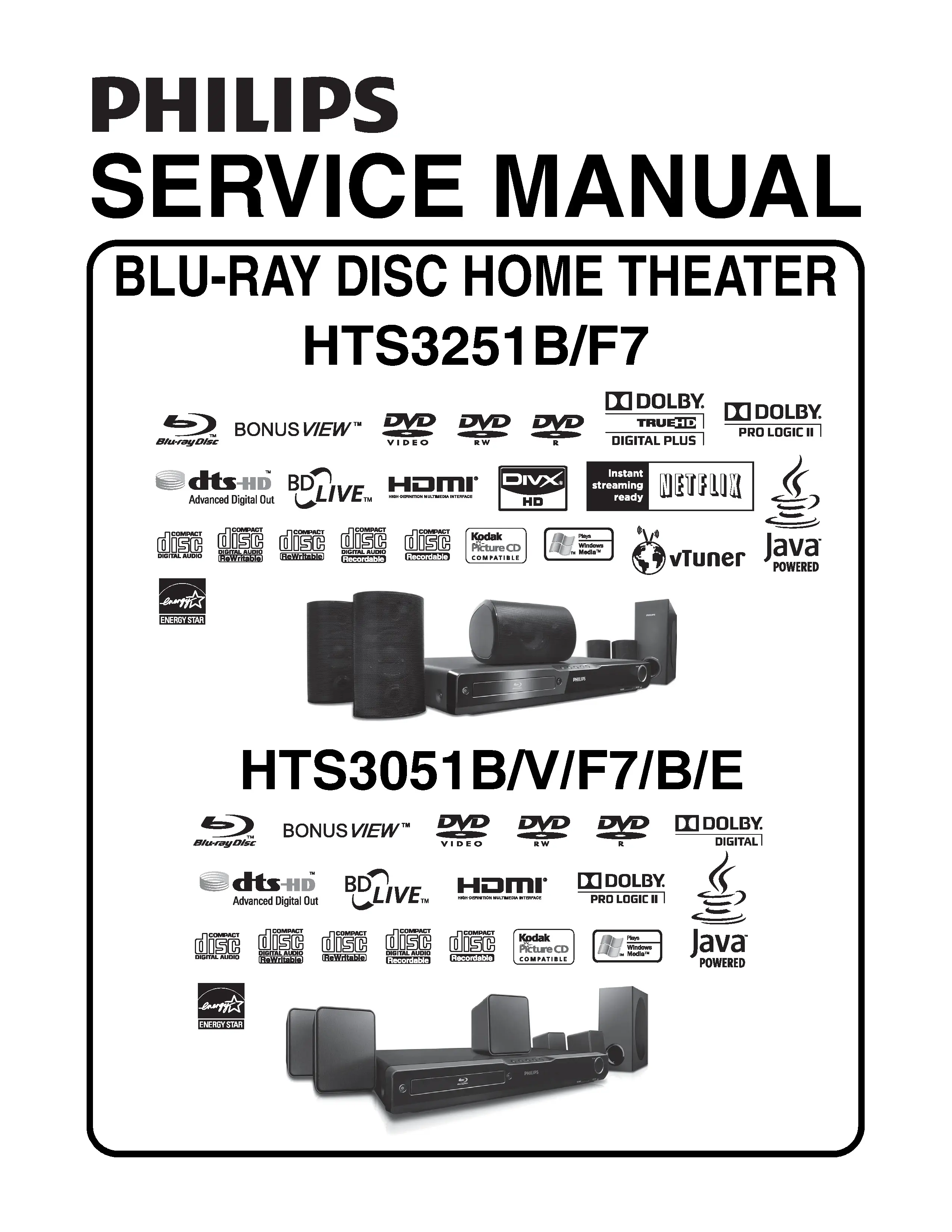 Philips hts3051b service manual cover with picture of the device, model type and number, table of contents, manual version and publication year.