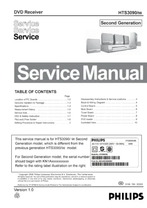 Philips hts3090 service manual cover with picture of the device, model type and number, table of contents, manual version and publication year.